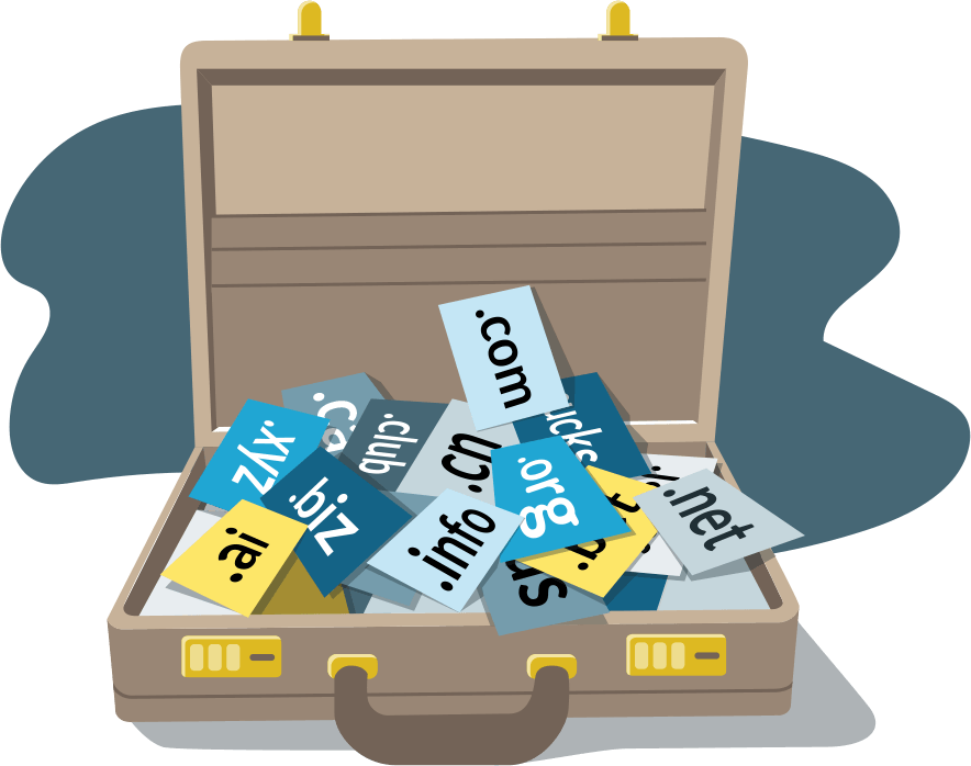 illustration of open briefcase containing cards with domain extensions
