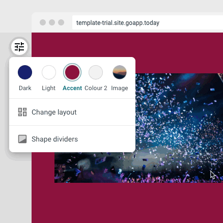 A website template editor with a color picker tool