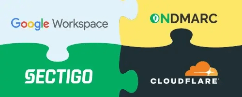 Illustration of jig saw pieces featuring Google Workspace, OnDMARC, Sectigo, and Cloudflare logos